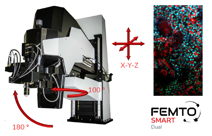 Микроскоп FEMTOSmart DUAL с мостовой конструкцией и наклоняемым объективом