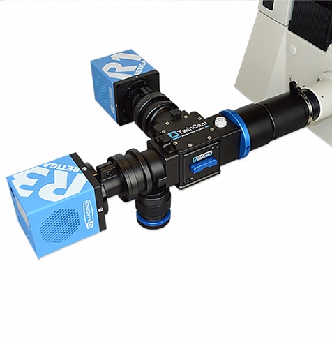 Делитель изображений TwinCam, установленный на микроскоп с 2 камерами